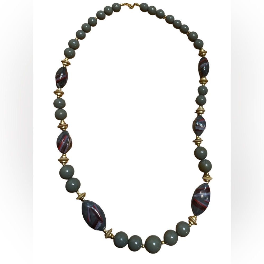 Vintage Green Chunky Beaded Necklace with Gold Tone Accents